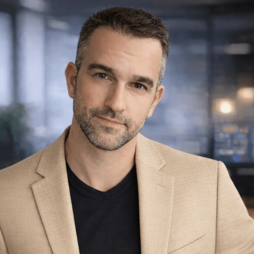 Man with short salt-and-pepper hair and beard wearing a tan blazer and black shirt.
