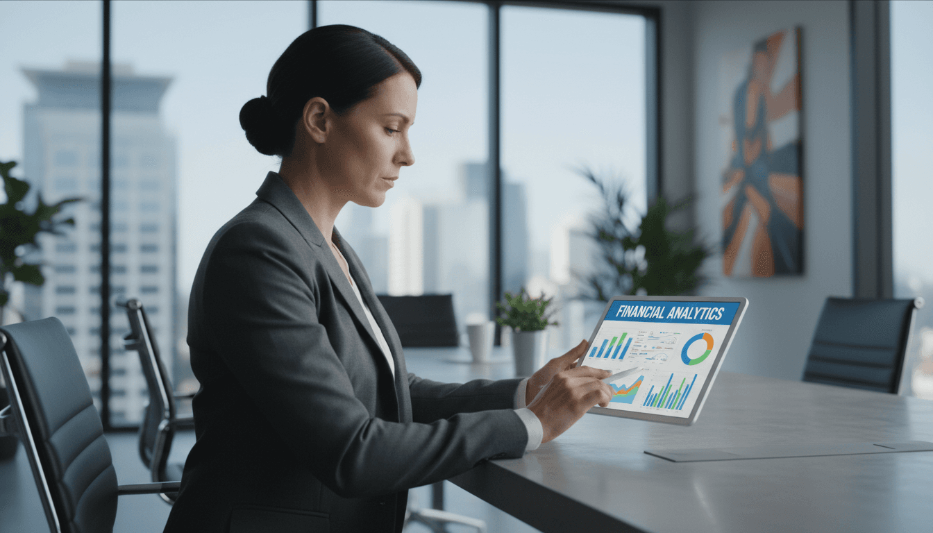 Business owner analyzing revenue metrics and financial data on a tablet in a bright, modern office setting
