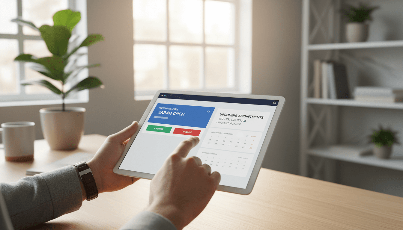 Small business owner reviewing AI-powered call management on tablet