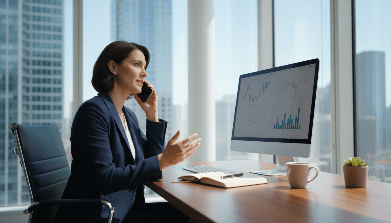 Business professional answering an important call at a modern office desk