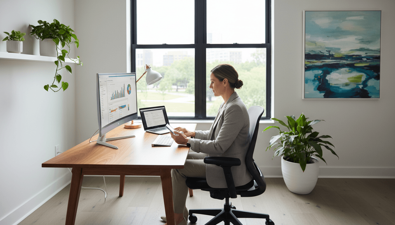 Small business owner managing calls and leads at modern office desk