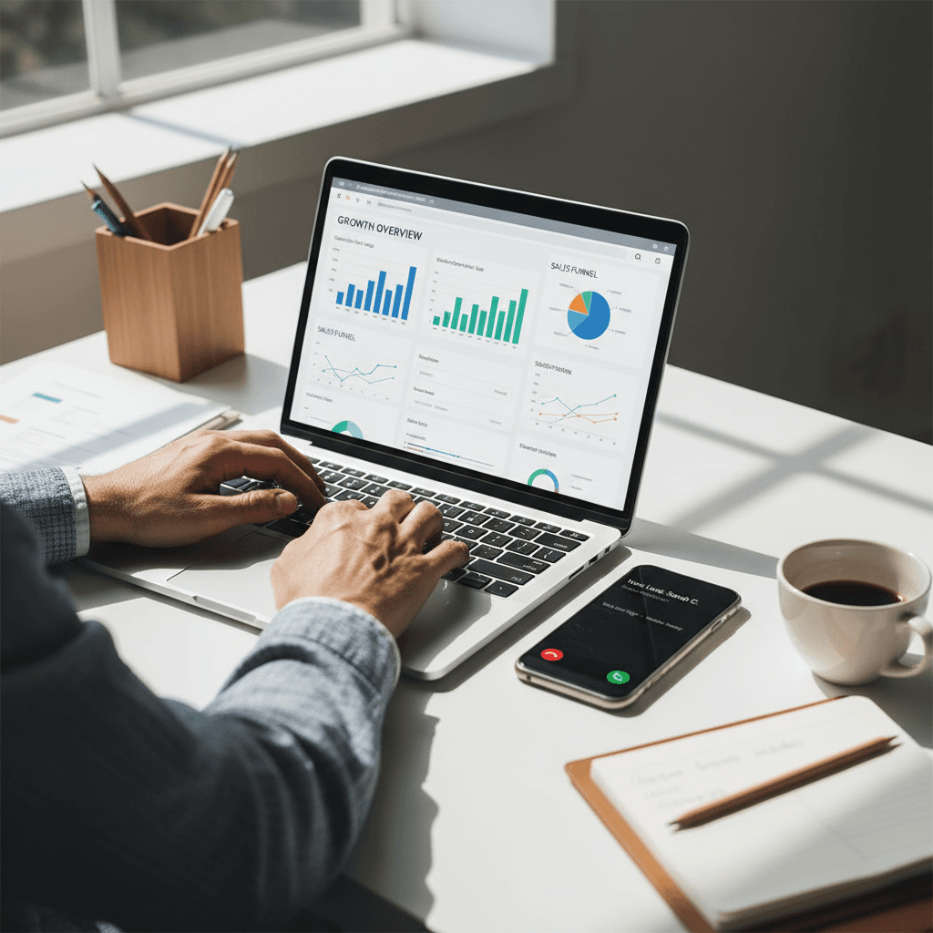 Small business owner reviewing automated lead capture system